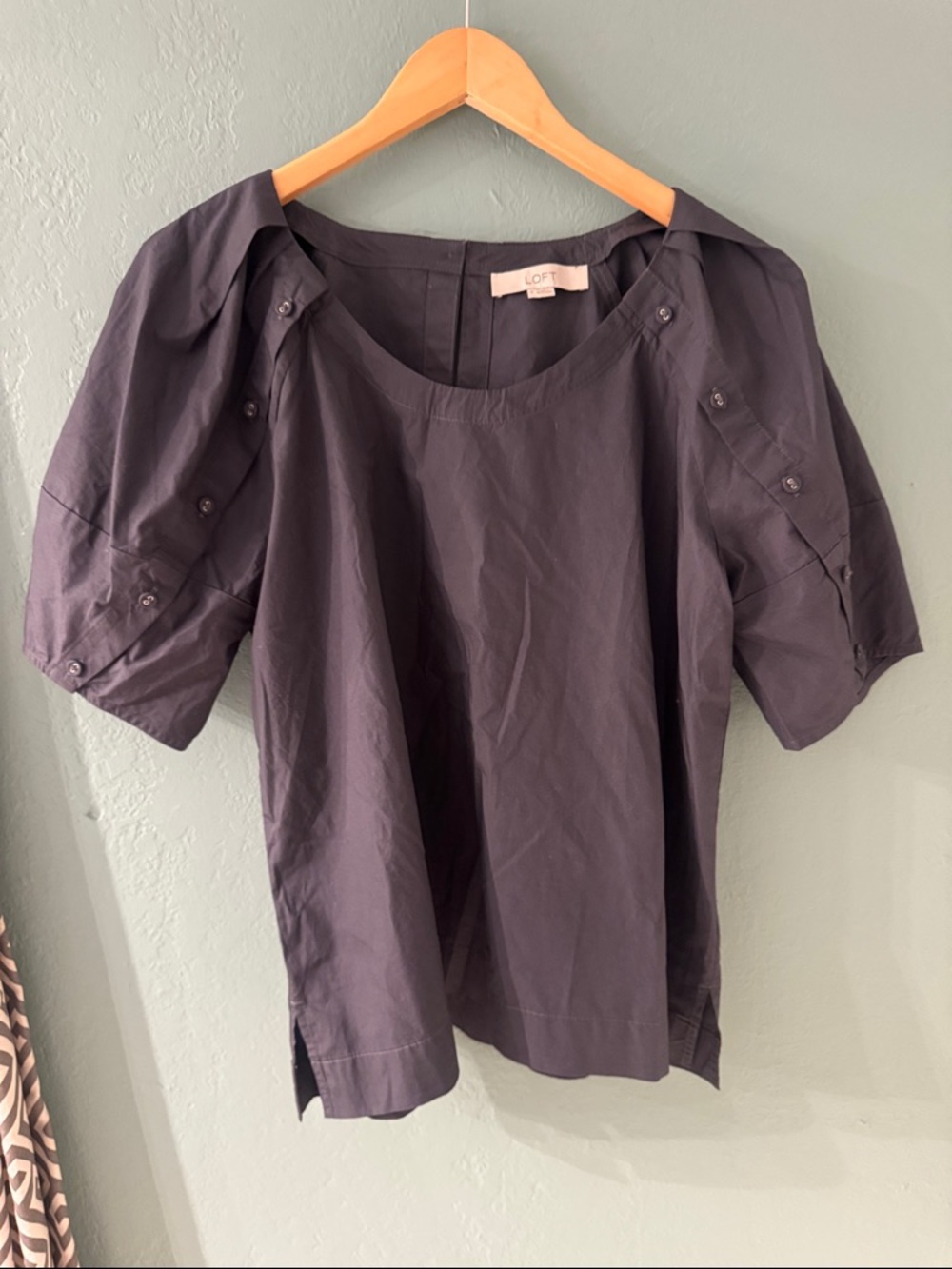 LOFT Navy Short Sleeve Button-Accent Blouse